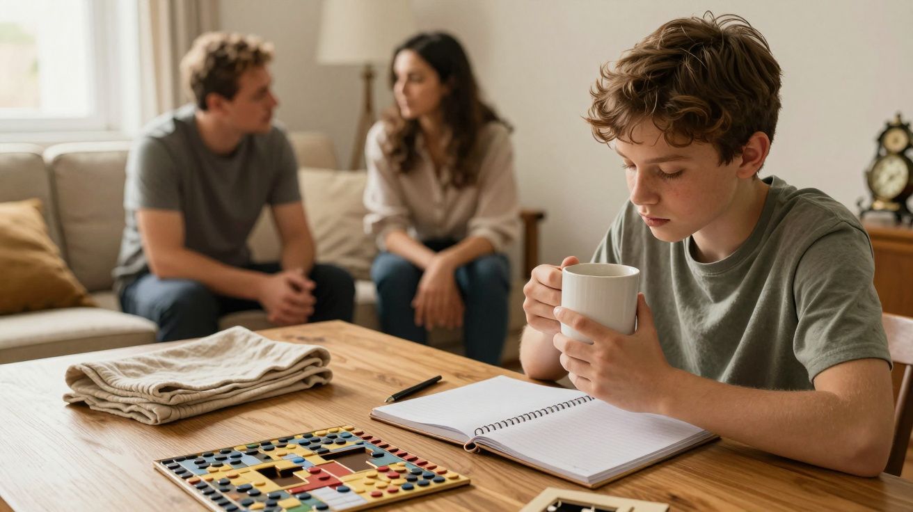 Rapaz segura uma caneca e olha para um caderno na mesa, enquanto duas pessoas conversam ao fundo, desfocadas.