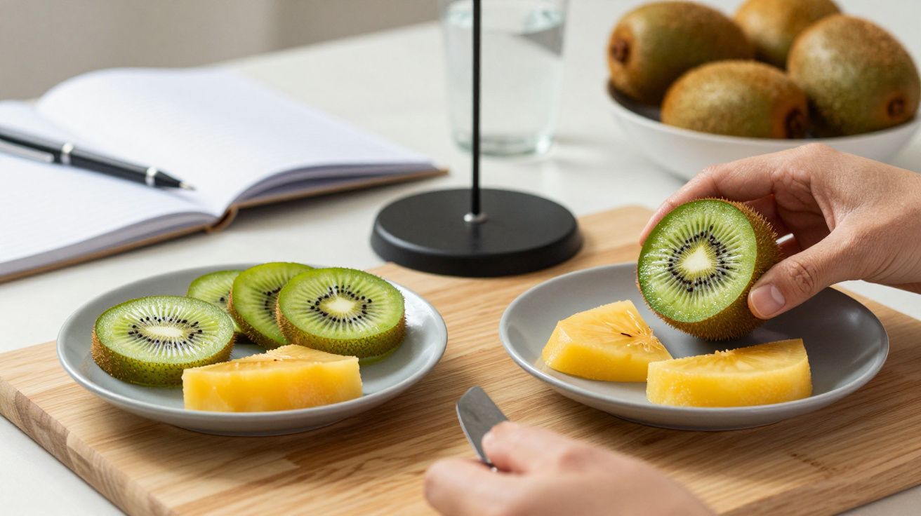 Pedaços de kiwi verde e amarelo em pratos cinza sobre uma tábua de madeira, com caderno, caneta e kiwi inteiro ao fundo.