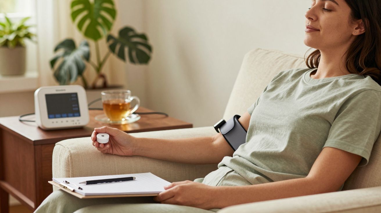 Mulher sentada, medindo a tensão arterial em casa, com mesa ao lado, chá e plantas.