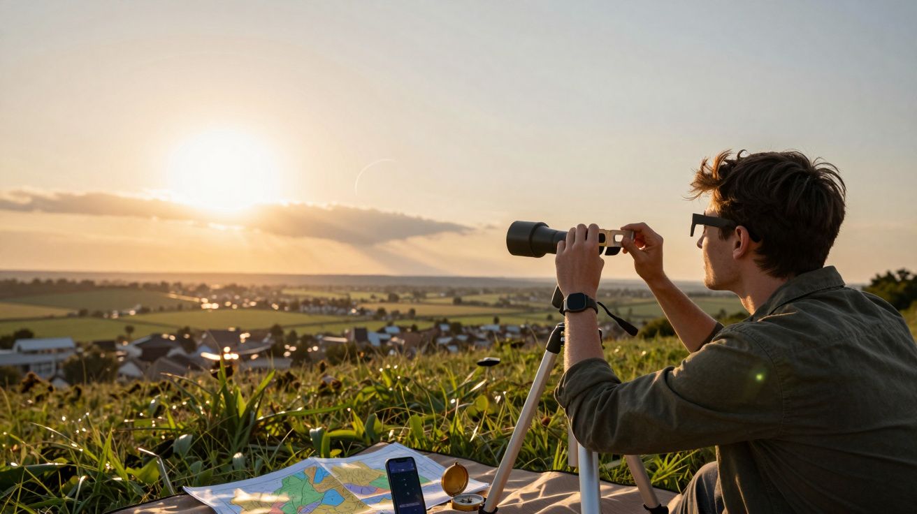 Homem observa paisagem ao pôr do sol com binóculos. Mapas e telefone sobre a relva.