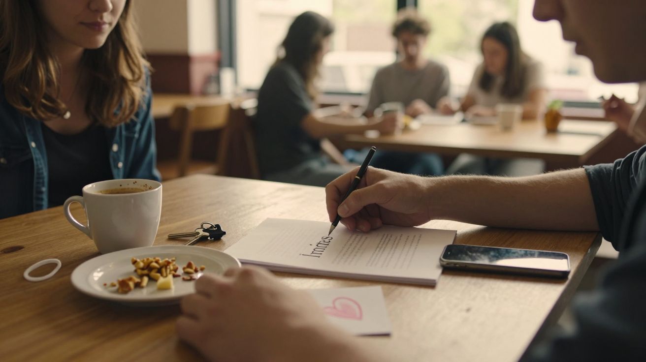 Pessoa escrevendo num bloco de notas numa mesa de café, com chávena, prato com snacks e telemóvel ao lado.