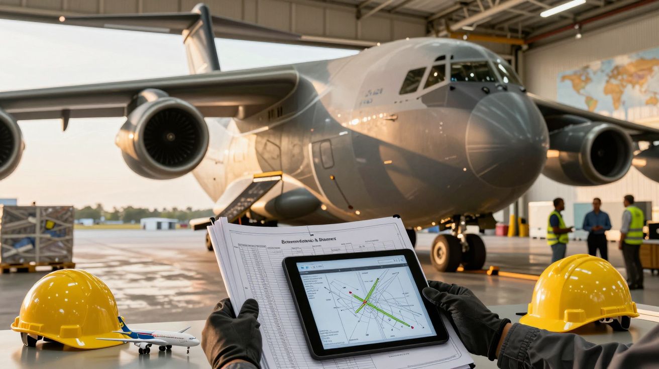 Pessoa segura tablet e planos em frente a avião numa garagem, capacetes amarelos e miniatura de avião na mesa.