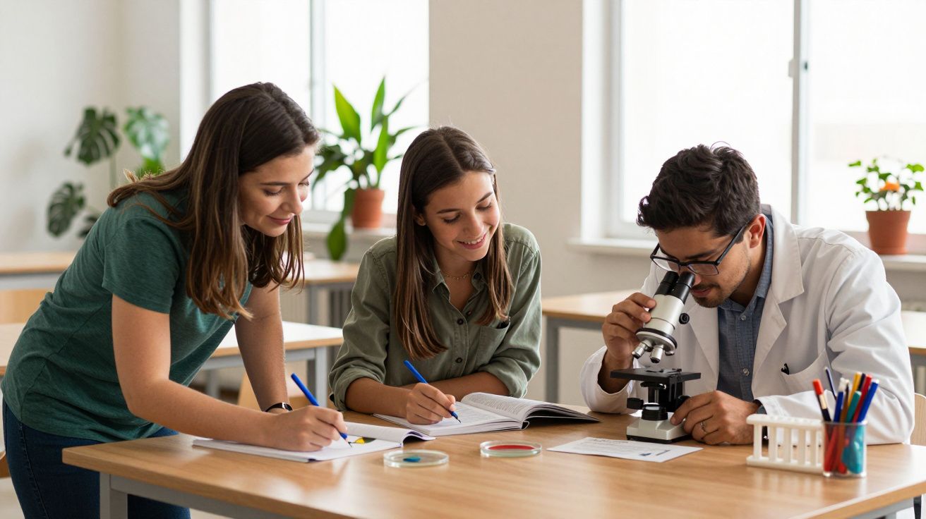 Três estudantes em sala de aula, dois escrevem enquanto observam um terceiro a usar um microscópio.