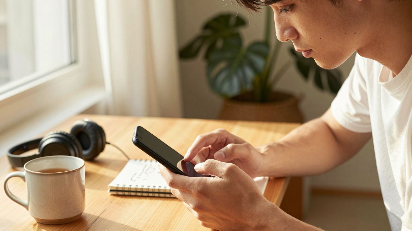 Homem sentado numa mesa de madeira usando um smartphone, ao lado de chávena, caderno e auscultadores, planta ao fundo.