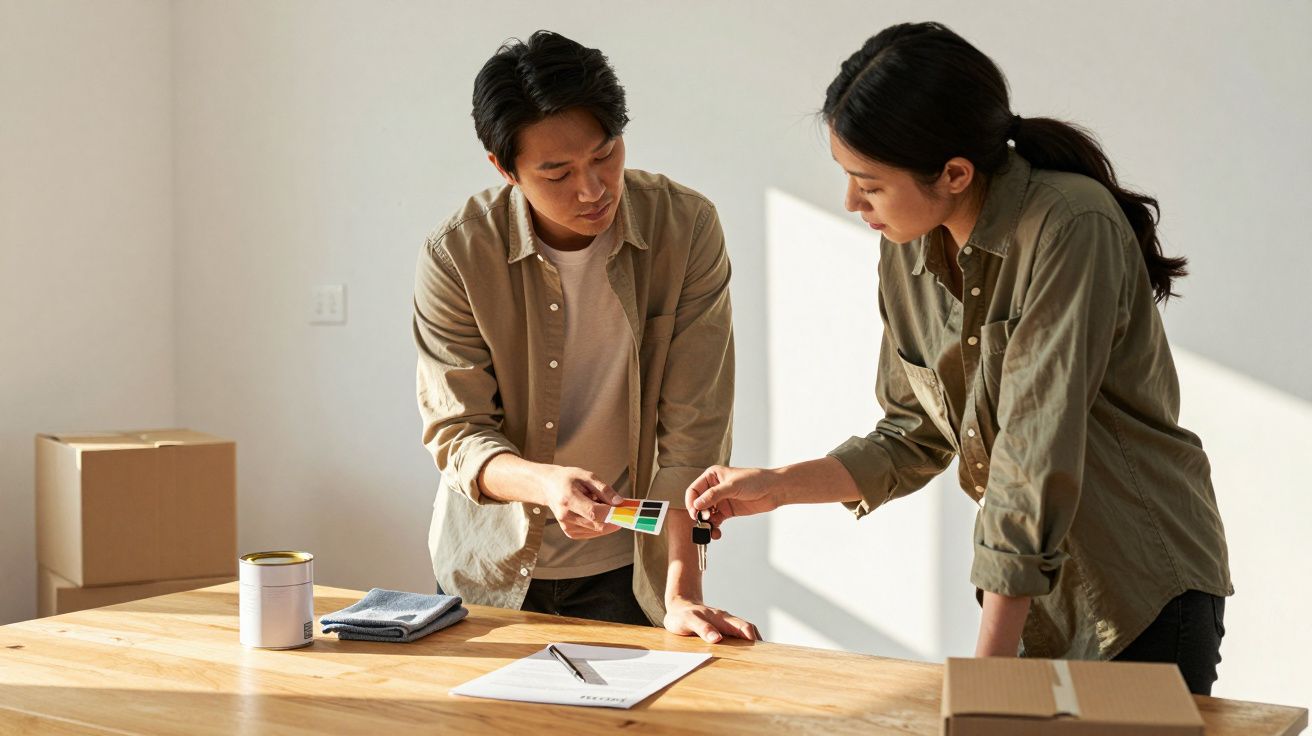 Dois adultos escolhem cores de tinta numa mesa com documentos e caixas.