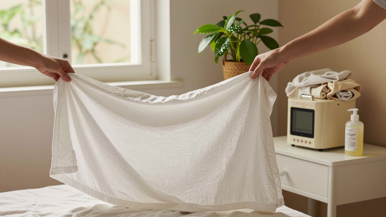 Duas pessoas a esticar um lençol branco numa cama, com uma planta e objetos sobre uma mesa ao fundo.