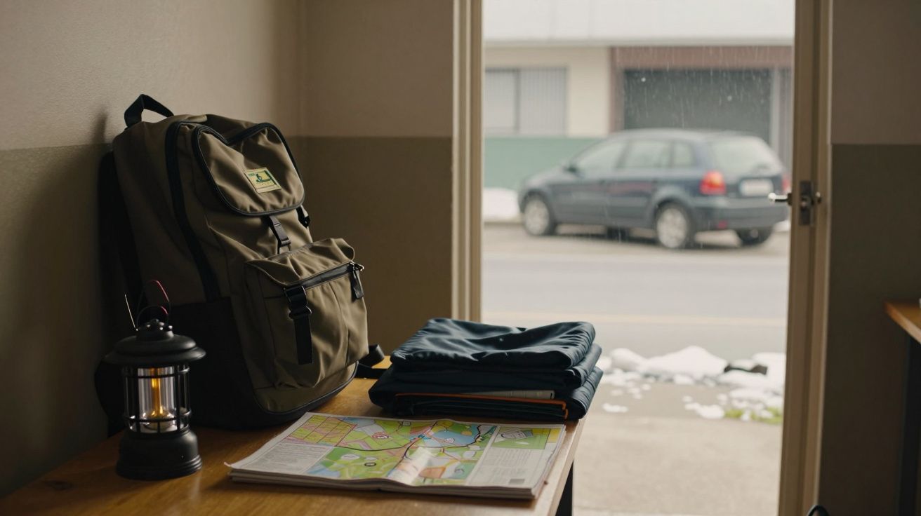 Mochila e lanterna sobre mesa ao lado de roupas e mapa aberto, porta aberta para rua com neve e carro cinza estacionado.