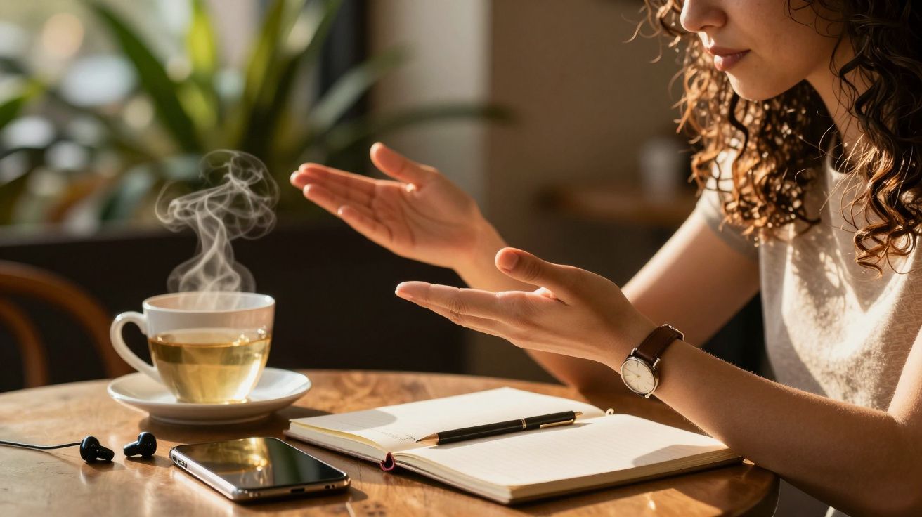 Mulher gesticulando sobre mesa com chá fumegante, telemóvel, caderno e auriculares, numa atmosfera de café acolhedor.
