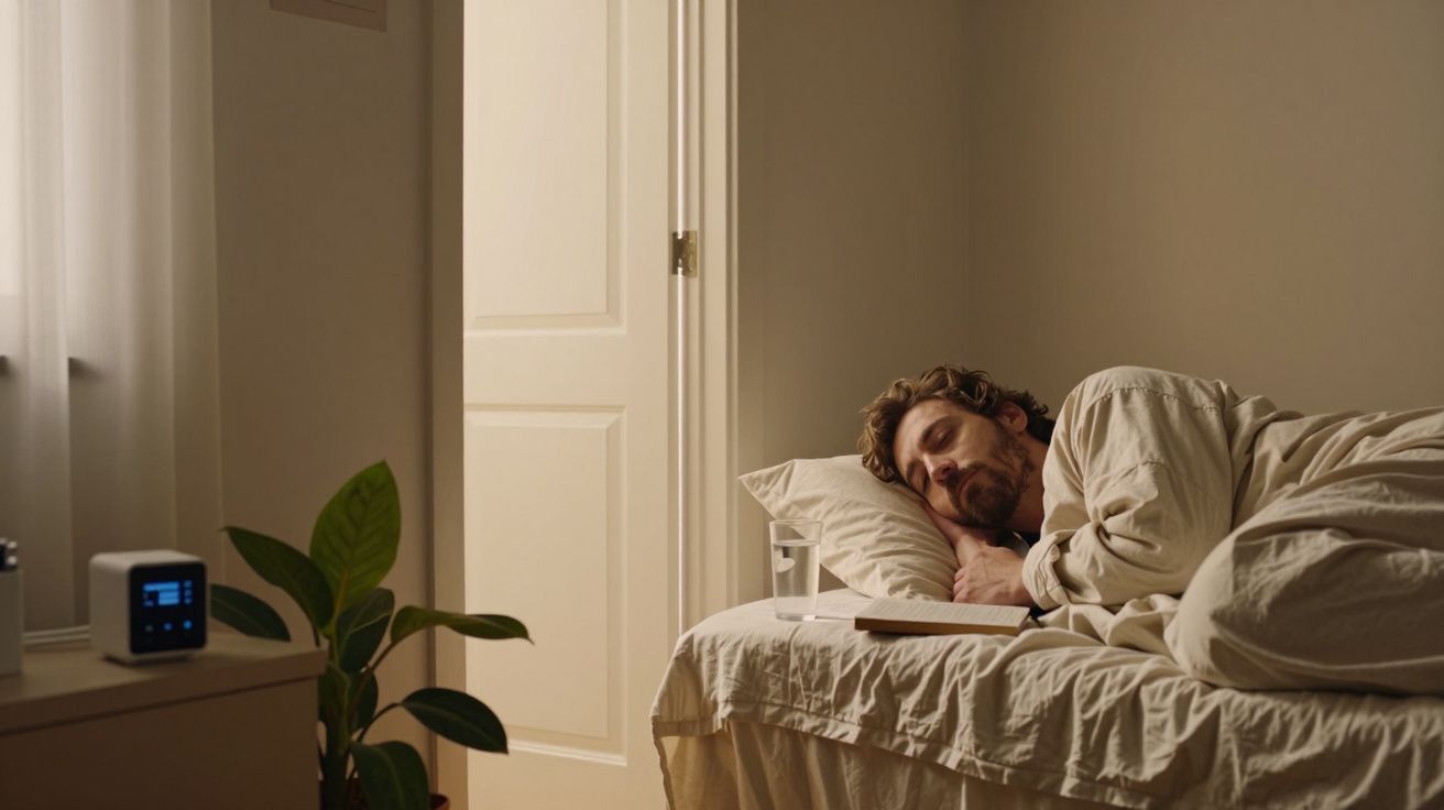 Homem a dormir numa cama com roupa de cama bege, um copo e livro na mesa de cabeceira ao lado de uma planta.