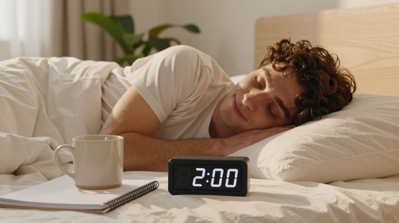 Homem a dormir relaxado na cama ao lado de um despertador que marca 2:00, uma chávena e um caderno.