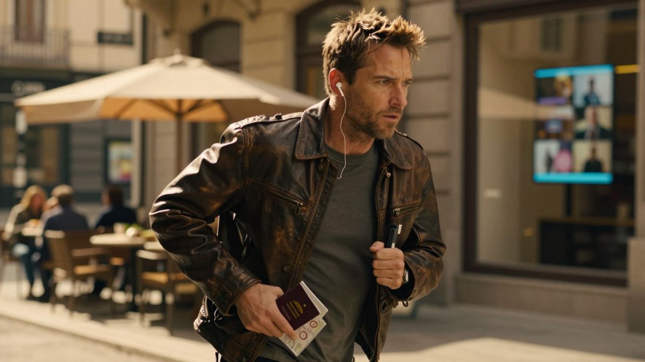 Homem de casaco de couro a correr na rua com passaporte na mão e auriculares. Fundo de esplanada e loja.