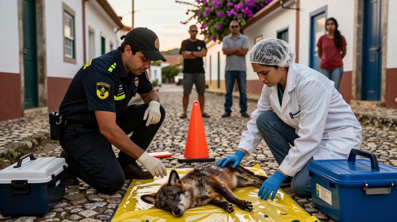Veterinária e polícia socorrem um animal numa rua de paralelepípedos, enquanto quatro pessoas observam ao fundo.