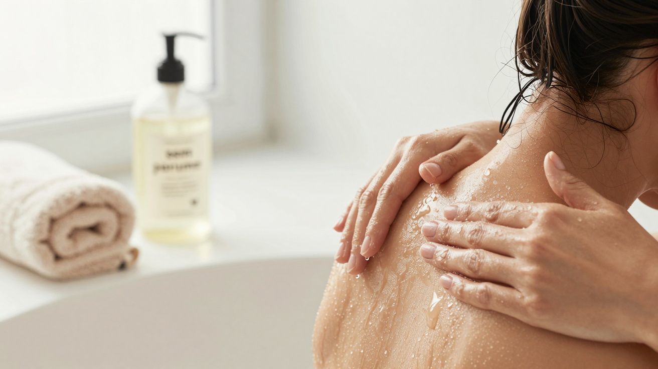 Pessoa a tomar banho, esfregando ombro com sabonete, ao lado de toalha e frasco.