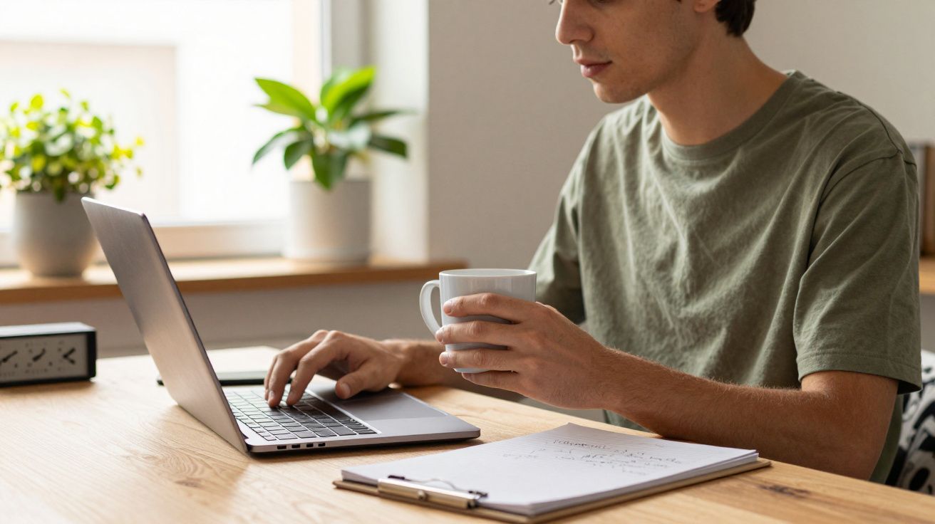 Jovem sentado à mesa, usando laptop e segurando chávena, com plantas e bloco de notas ao fundo.