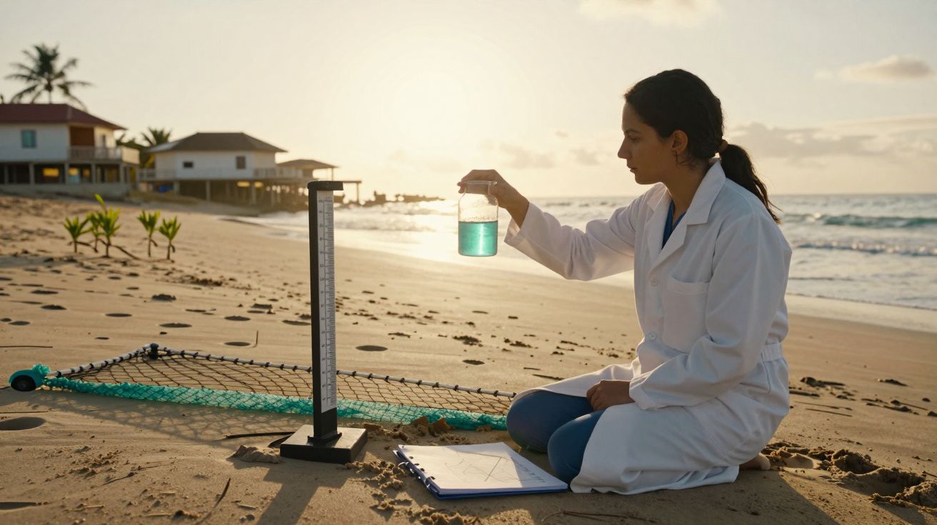 Cientista numa praia ao pôr do sol, segurando frasco com líquido azul ao lado de ferramentas de medição e anotações.