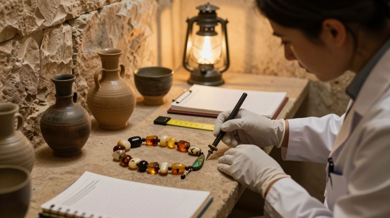 Investigadora examina colar antigo numa mesa de pedra, rodeada por vasos, caderno e lanterna.