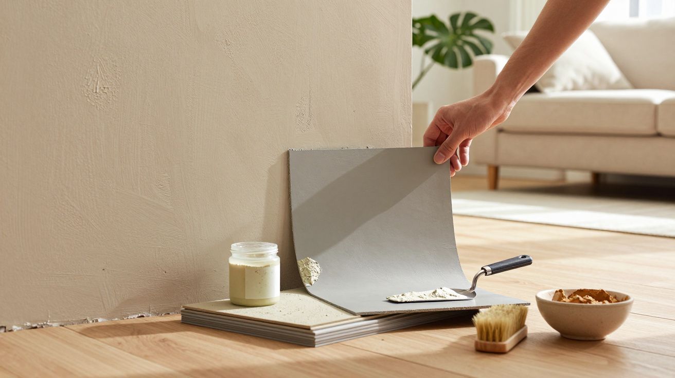Mão aplica gesso na parede com espátula; pote de gesso, pincel e tigela no chão, sofá ao fundo.