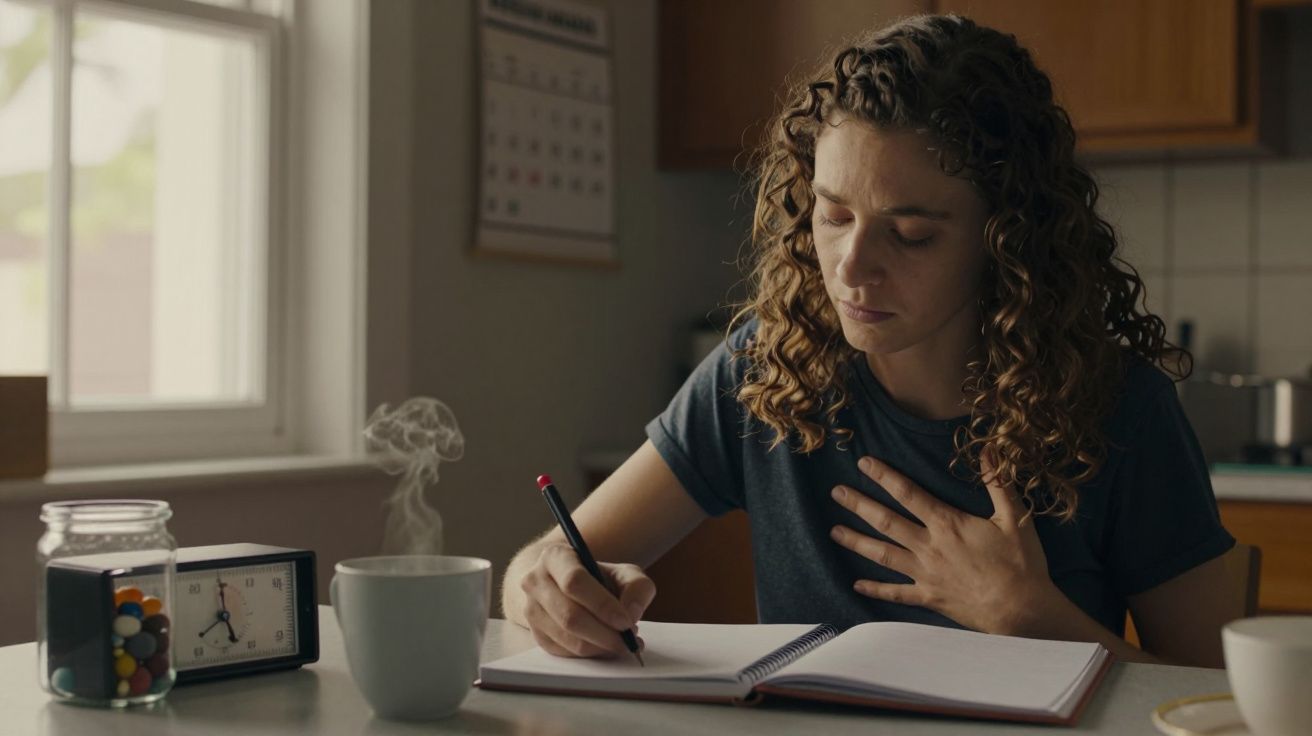 Mulher com cabelo encaracolado escreve num caderno à mesa, segurando a mão no peito, com uma chávena e um relógio por perto.