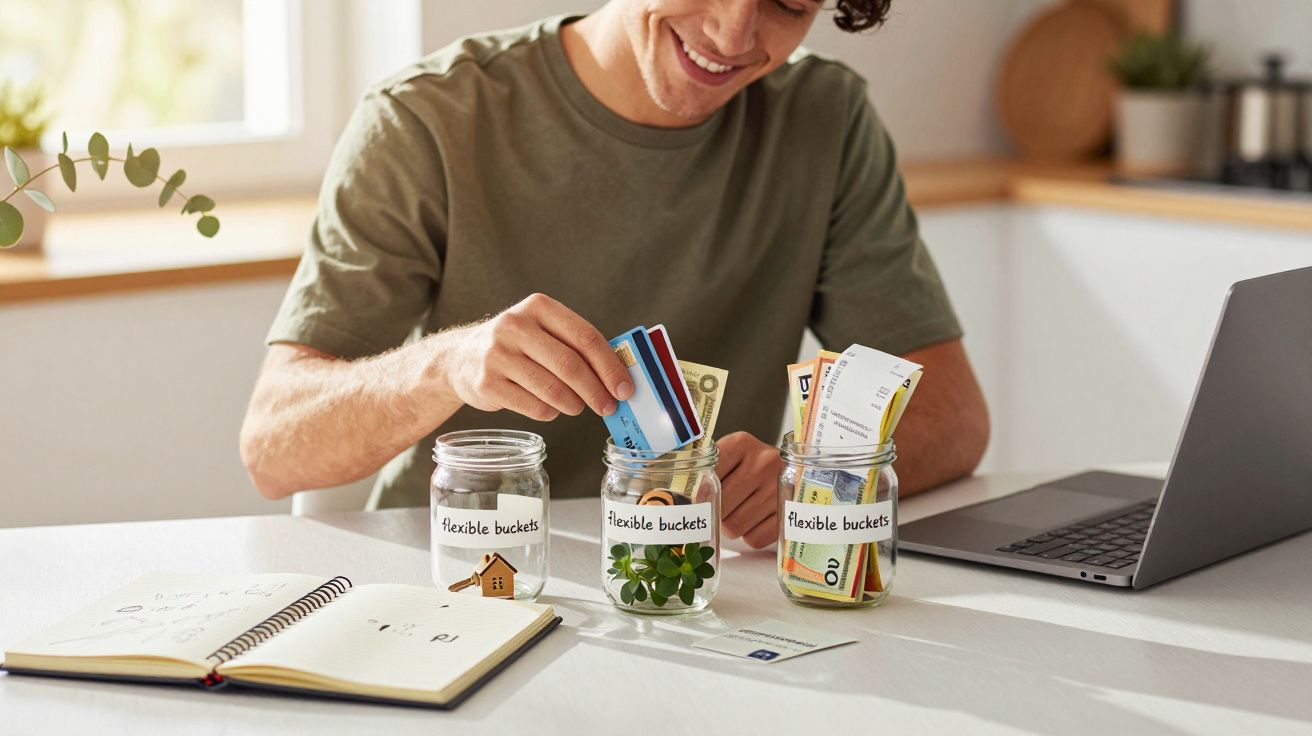 Homem sorridente organiza cartões e dinheiro em frascos etiquetados, com caderno e laptop na mesa.
