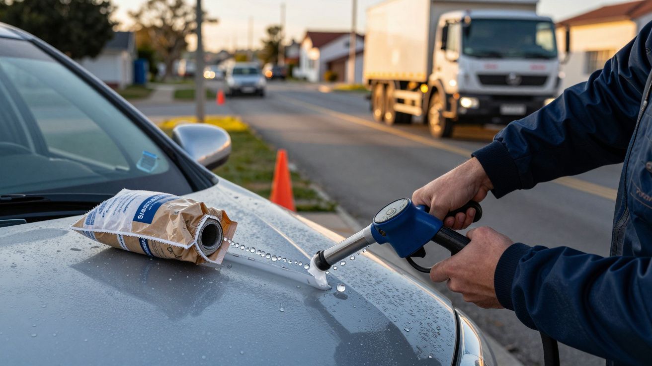 Pessoa a despejar leite de uma pistola de combustível num carro, ao lado de um saco de papel vazio.