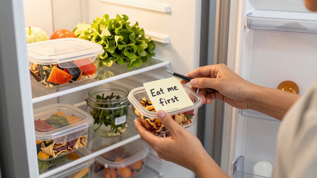 Pessoa segura caixa no frigorífico com nota "Eat me first". Várias caixas e vegetais frescos visíveis na prateleira.