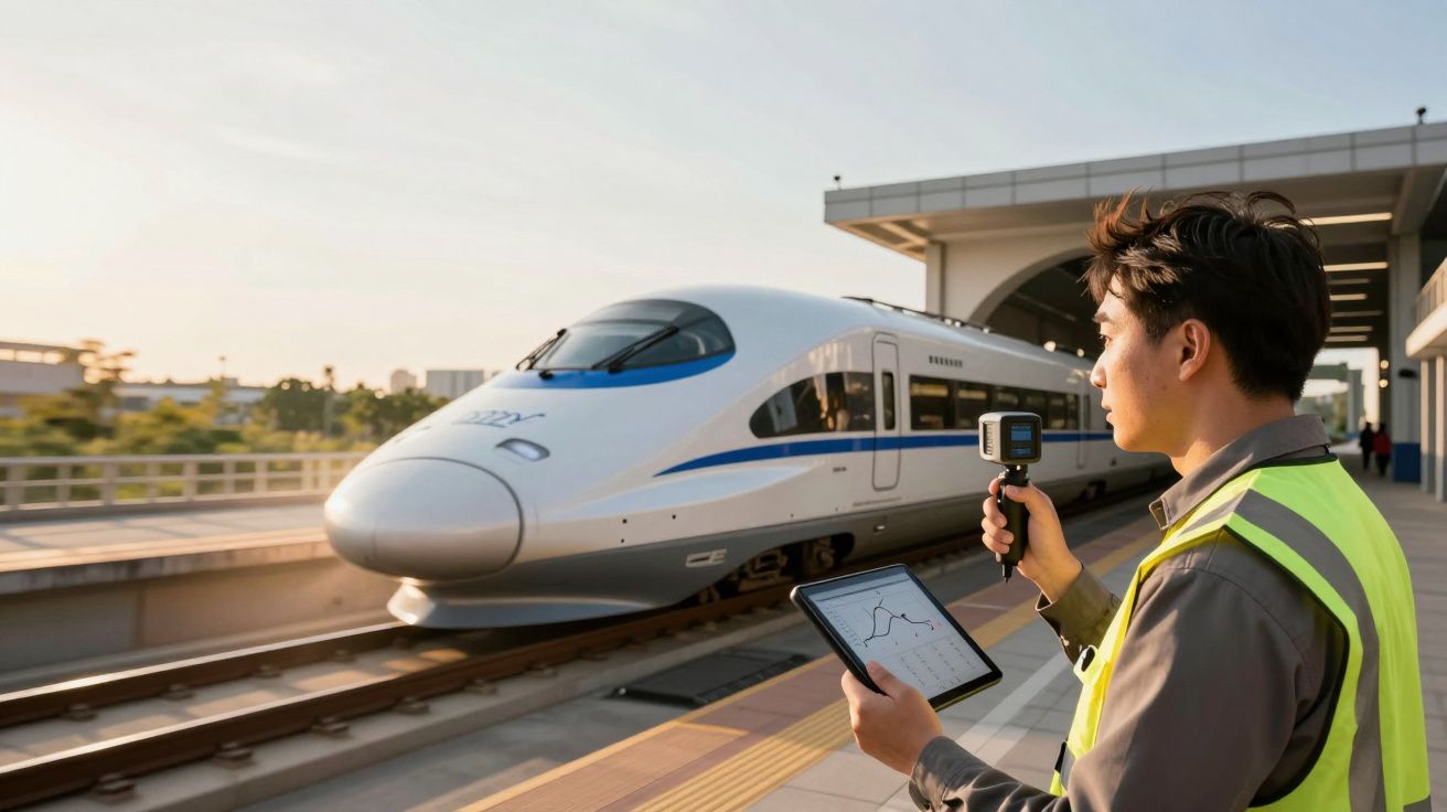 Homem com colete amarelo segura tablet e microfone, observando comboio de alta velocidade numa estação.