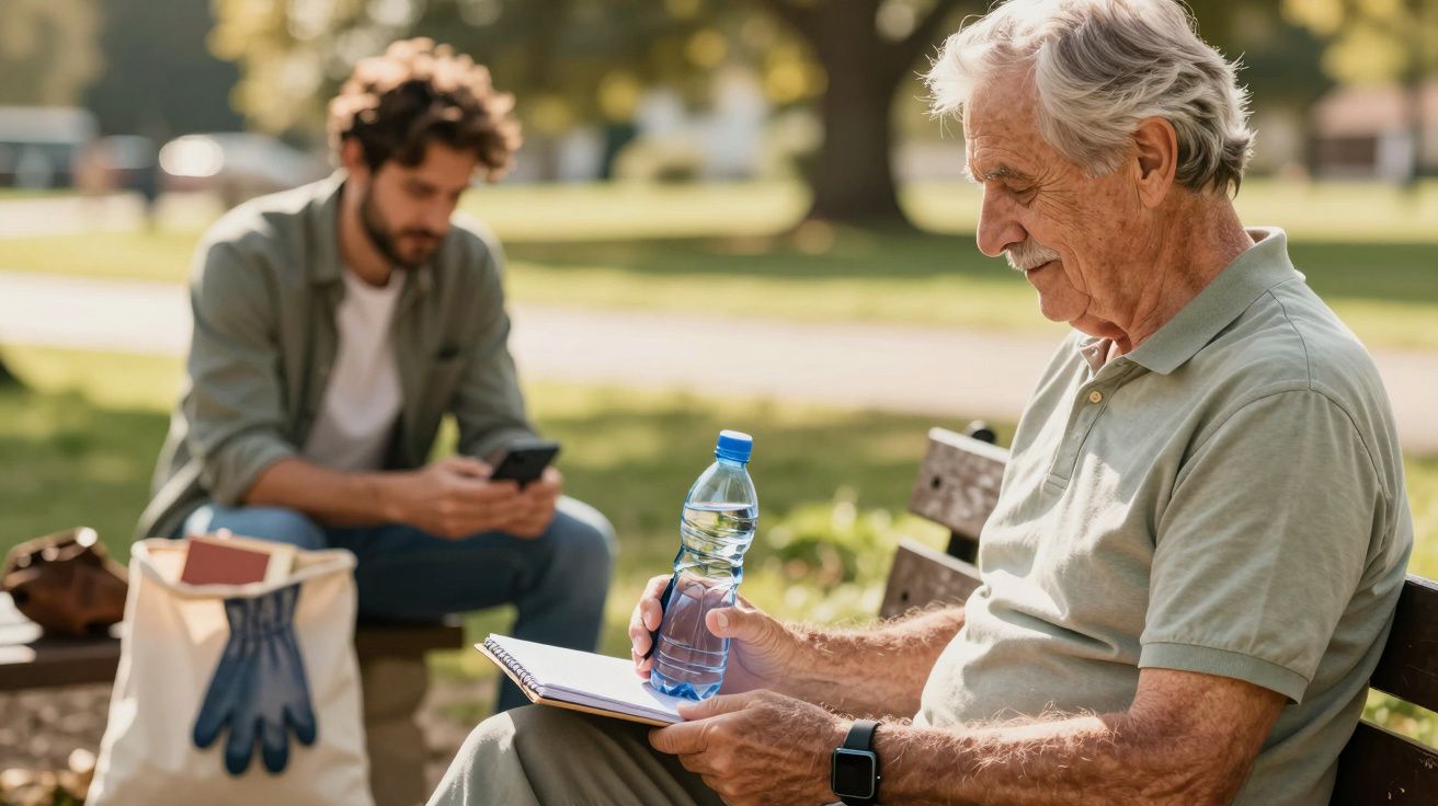 Homem idoso sentado num banco de parque com garrafa de água e caderno, jovem ao fundo usando telemóvel.