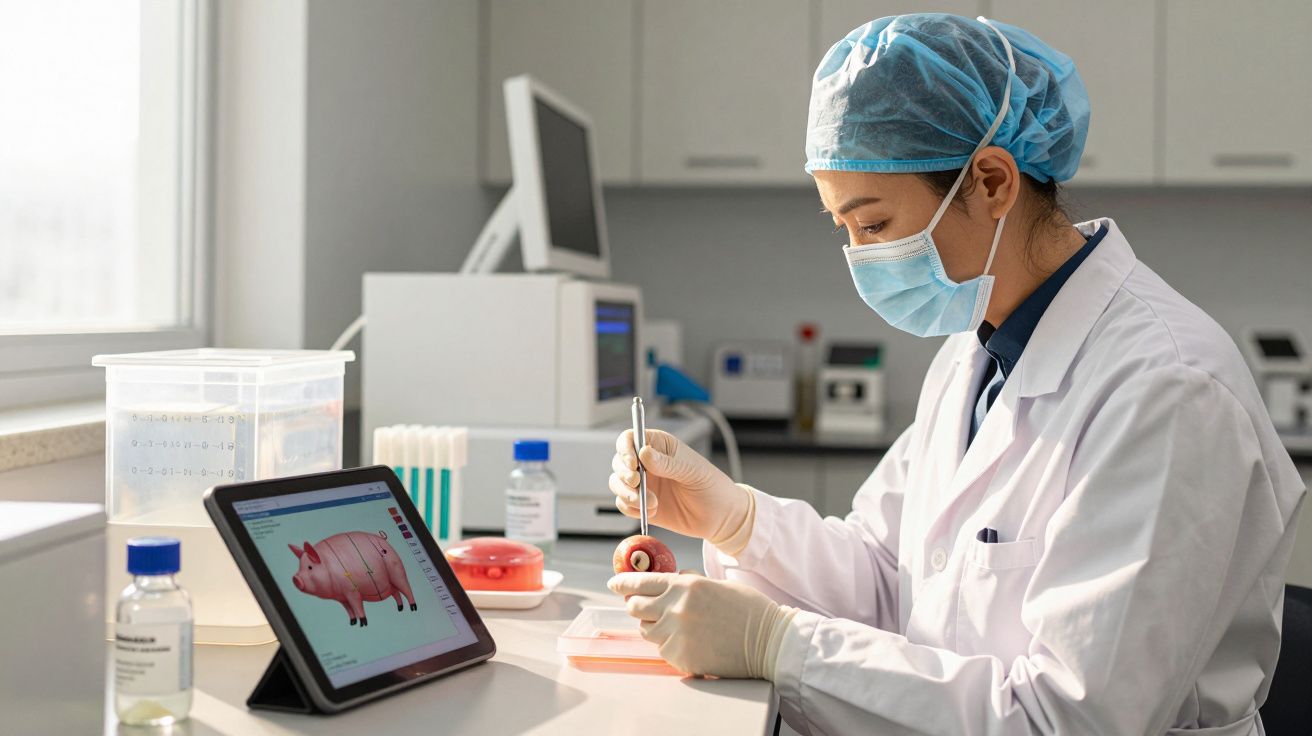 Cientista em laboratório analisa amostra sob proteção, com tablet exibindo imagem de um porco ao lado.
