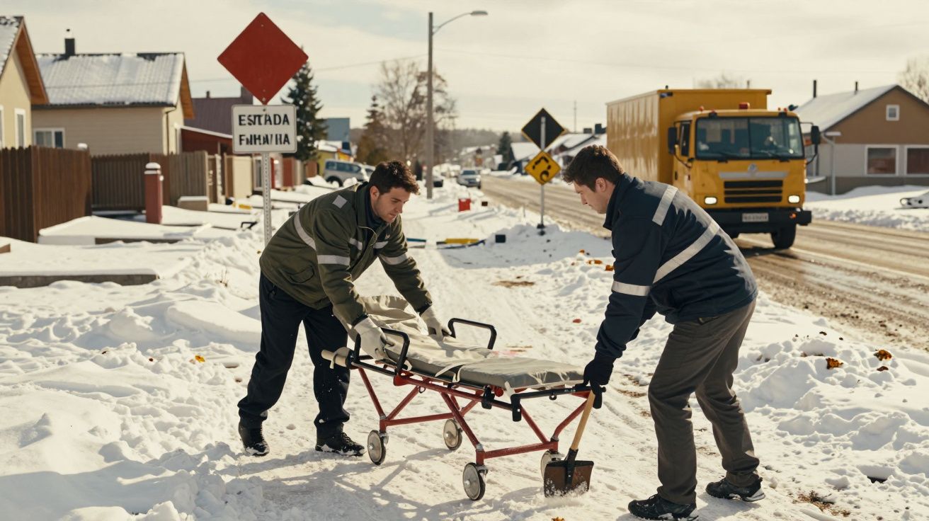 Dois homens empurram uma maca na neve numa rua nevada com casas, um sinal de trânsito e um camião amarelo ao fundo.