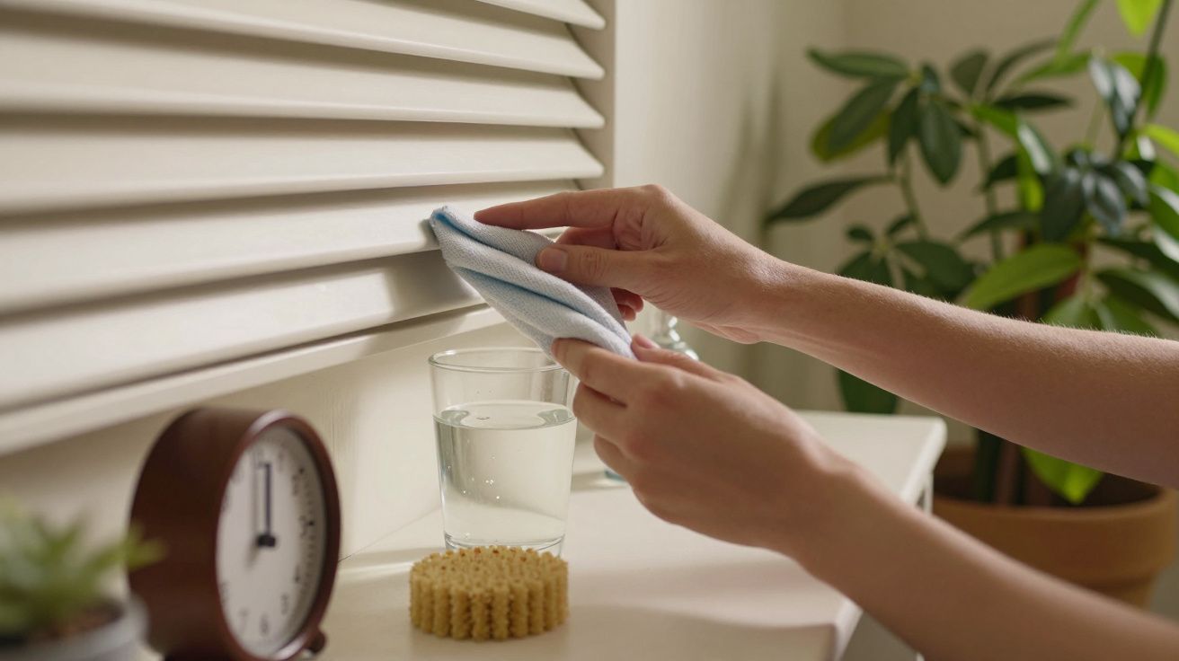 Mãos a limpar persiana com um pano azul. Relógio, copo de água e esponja sobre a mesa. Planta ao fundo.