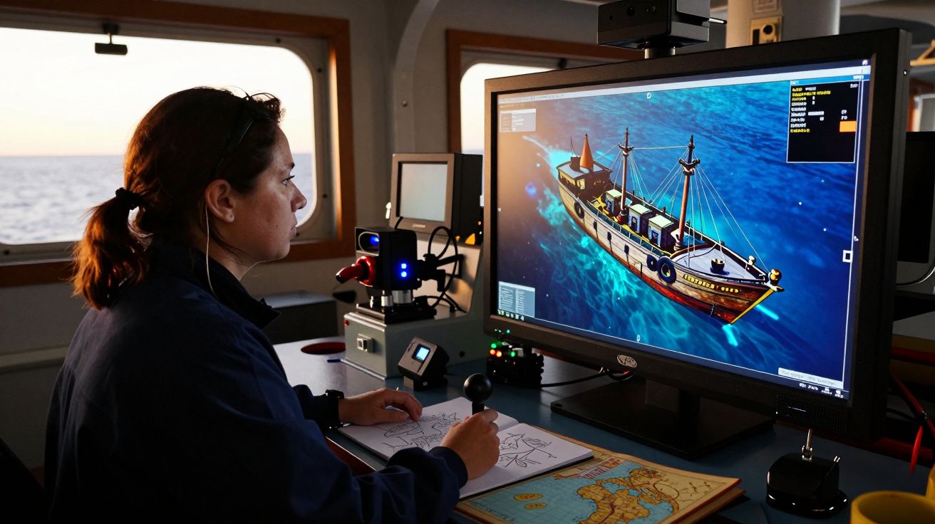Mulher analisando um navio antigo num ecrã de computador, com janelas ao fundo mostrando o mar.