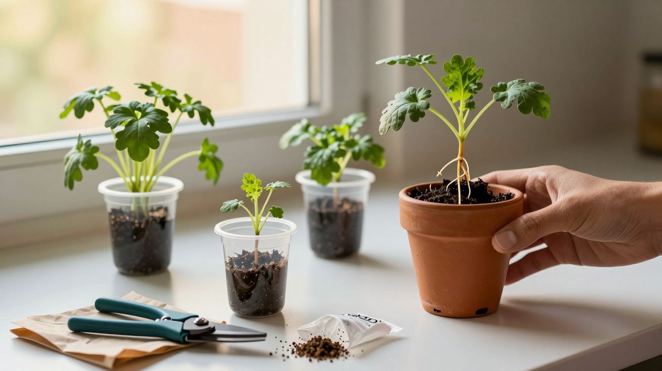 Mudas em vasos com terra num parapeito junto a uma tesoura de poda e sementes. Mão segurando um vaso.