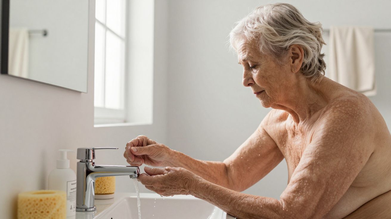 Mulher idosa lava as mãos numa casa de banho bem iluminada, junto de um lavatório com toalha e produtos de higiene.