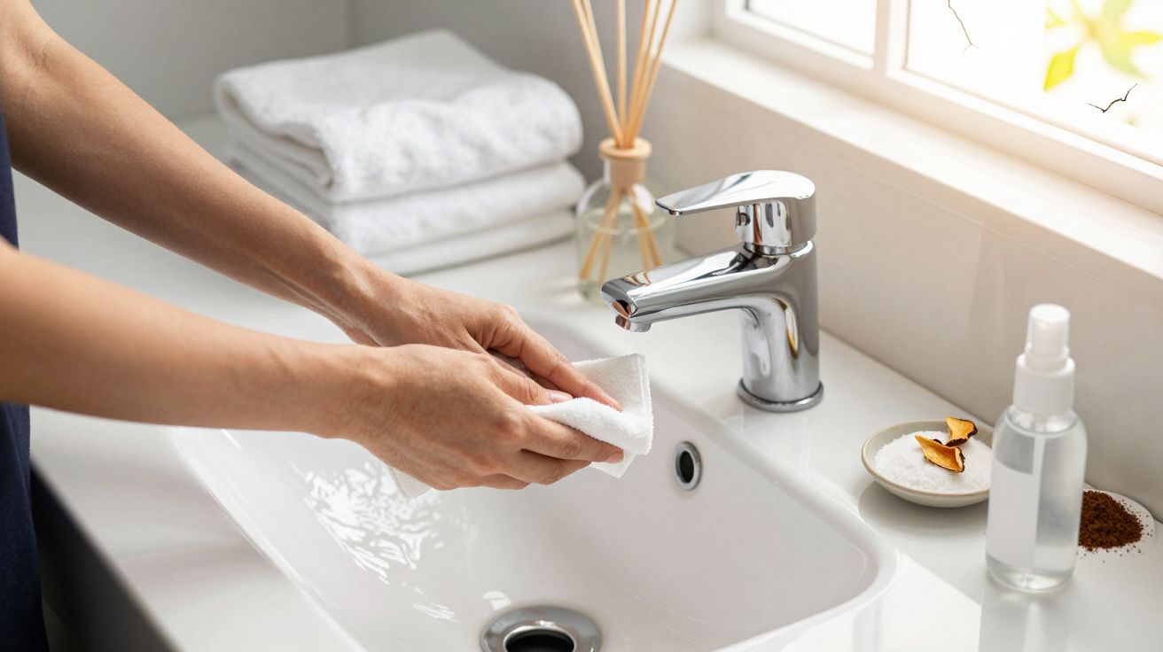 Pessoa a lavar as mãos numa casa de banho, com toalhas dobradas e dispensador de sabão ao lado da torneira cromada.