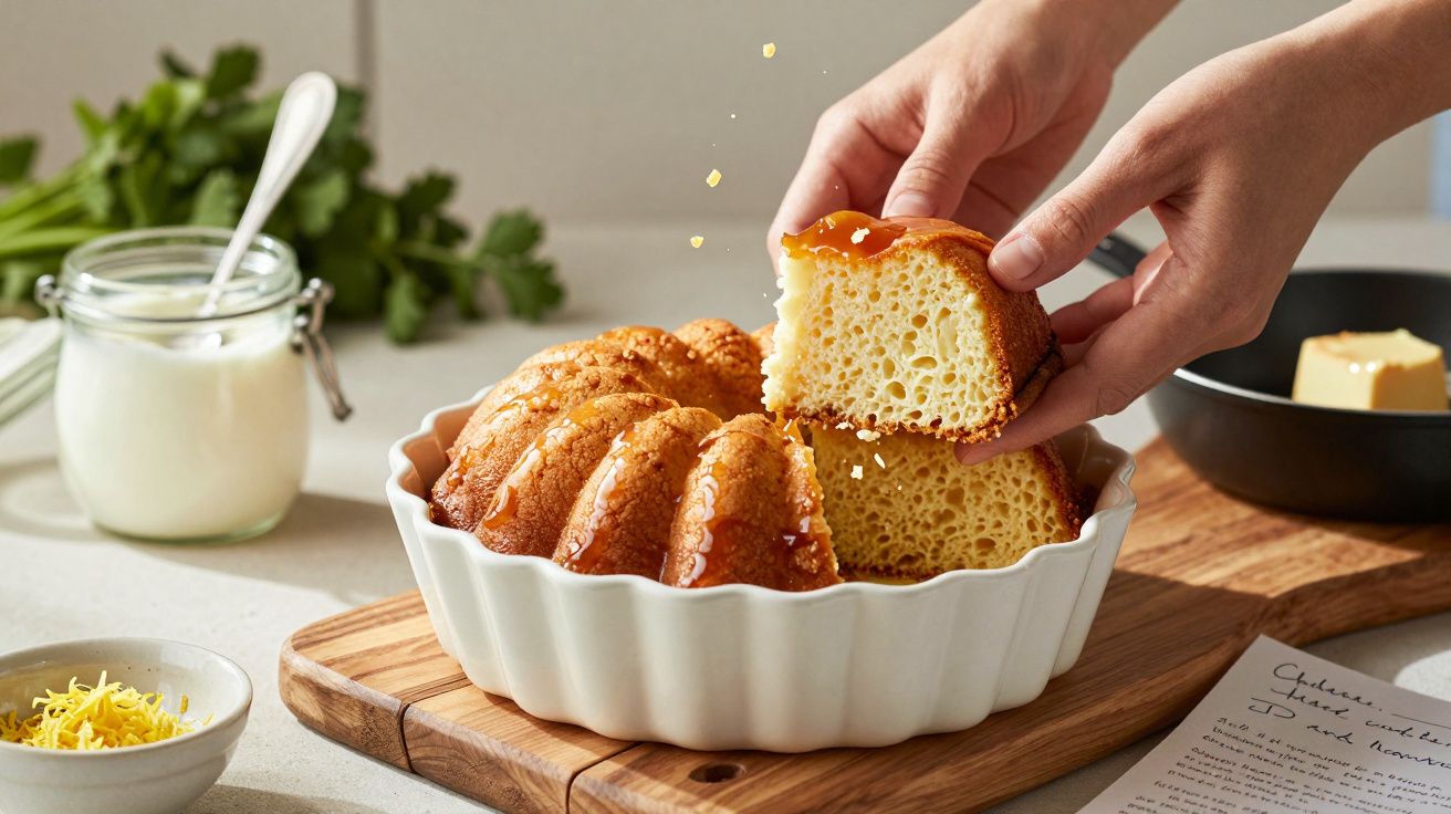 Mãos cortam fatia de bolo em forma redonda branca, com ingredientes ao fundo, sobre uma bancada de cozinha.