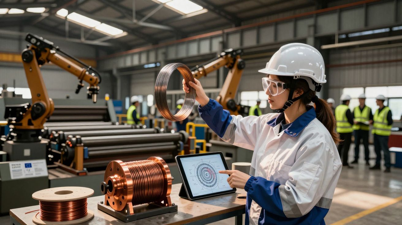 Engenheira com capacete e óculos, analisando bobina de cobre numa fábrica com robôs e tablet.