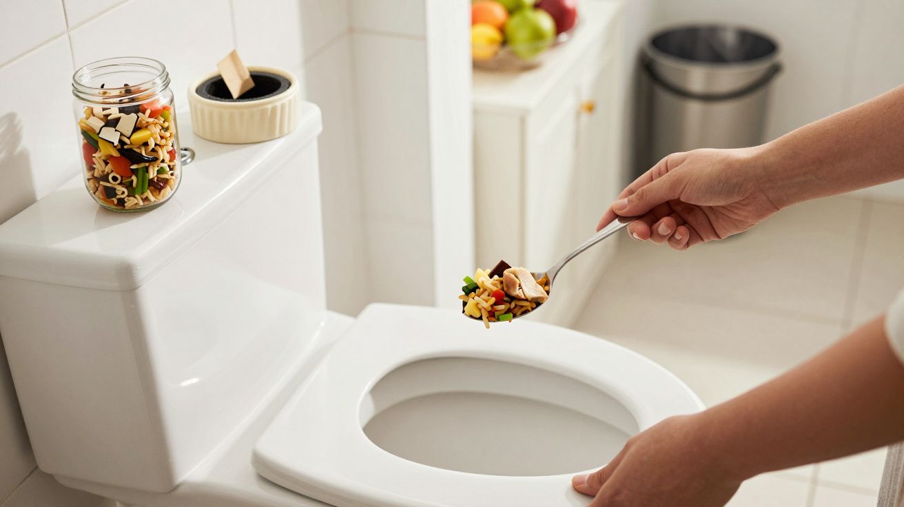 Pessoa despeja restos de comida na sanita, num WC com decoração neutra.