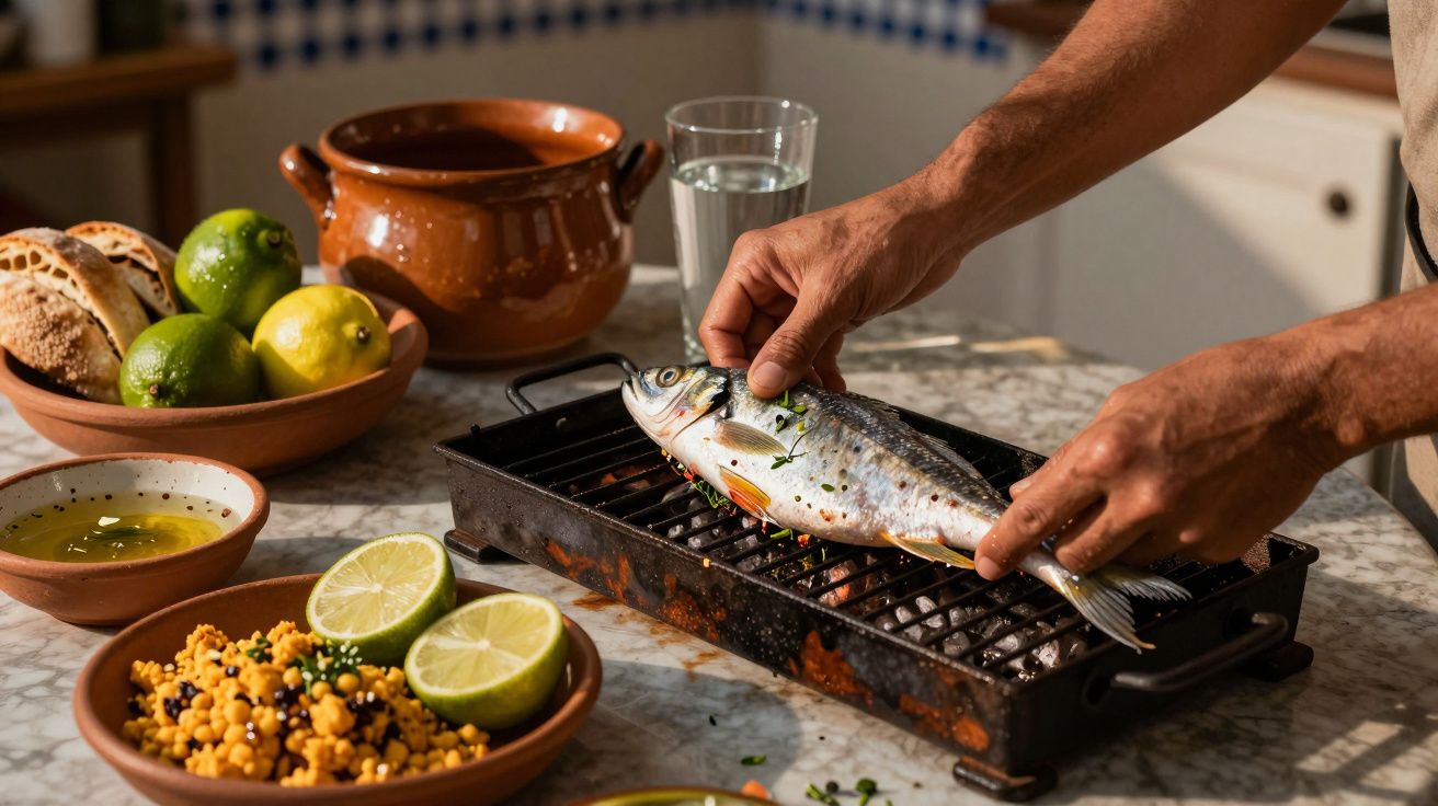 Pessoa coloca peixe fresco temperado numa grelha. Tem cuscuz, limão, azeite e pão na mesa.
