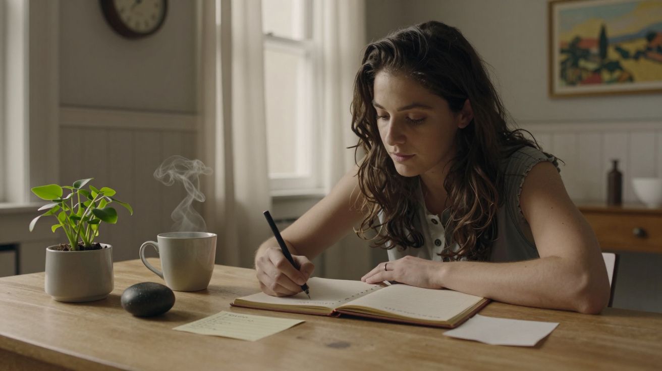 Mulher escrevendo num caderno em mesa de madeira com planta e chávena, num ambiente acolhedor.