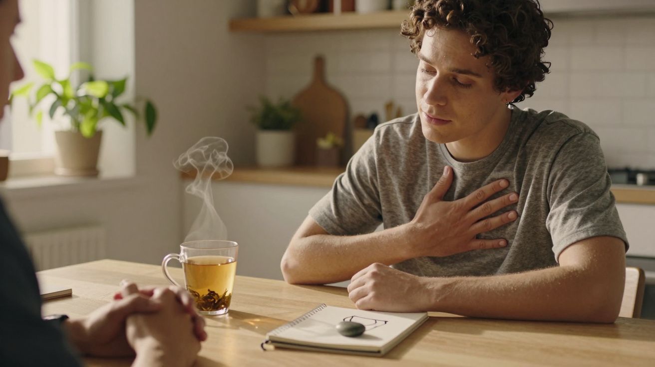 Homem sentado à mesa com chá fumegante, gesto de mão no peito, enquanto conversa com outra pessoa.