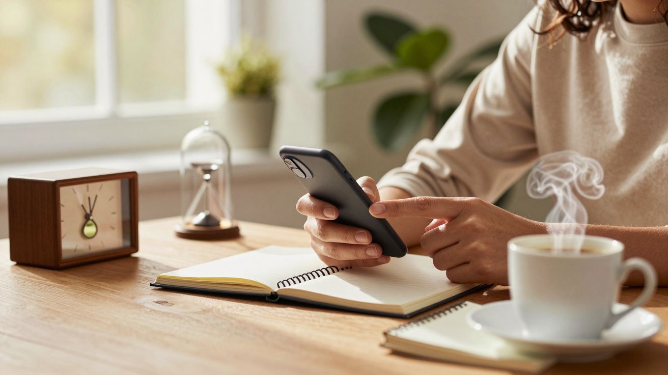 Pessoa usando smartphone numa secretária com livro, relógio e chávena de café a fumegar.