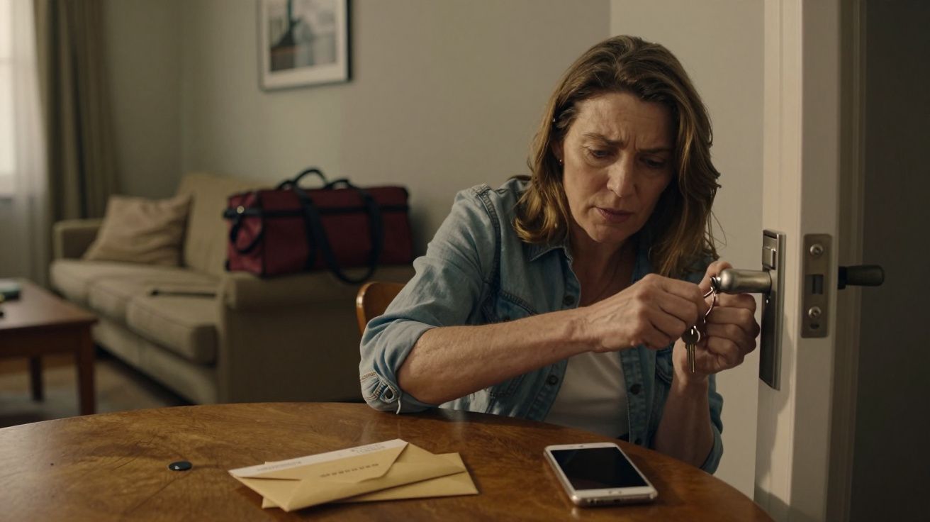 Mulher tentando abrir uma porta com chaves, ao lado de uma mesa com envelopes e um telemóvel. Sala ao fundo.