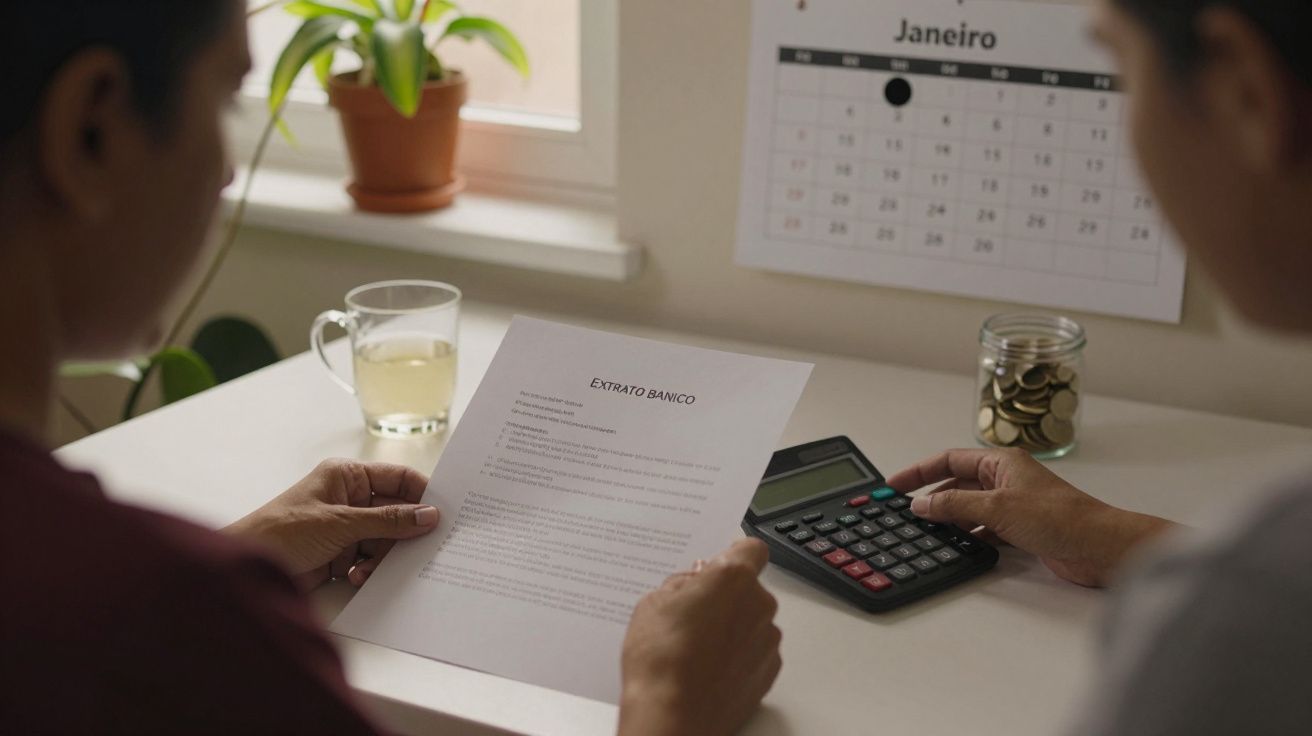 Duas pessoas analisam um extrato bancário com uma calculadora sobre a mesa, ao lado de um jarro com moedas e um calendário.