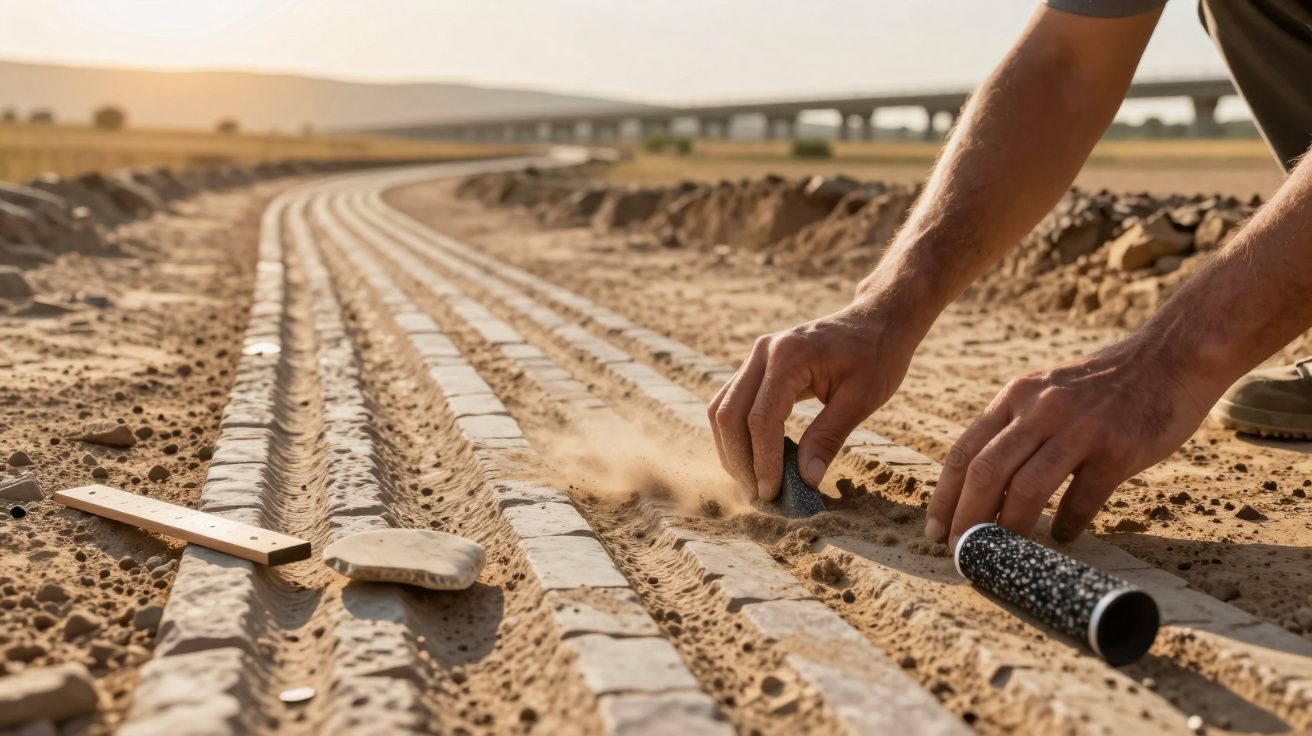 Mãos ajustam pedras num trilho de areia, sob uma ponte à distância, com ferramentas ao lado e vista de um campo ao pôr do sol