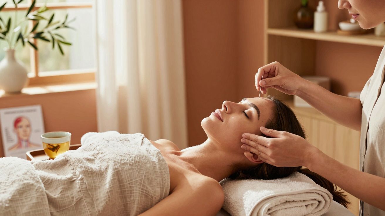 Mulher deitada recebe tratamento facial com agulhas em ambiente de spa, ao lado de uma janela e plantas.