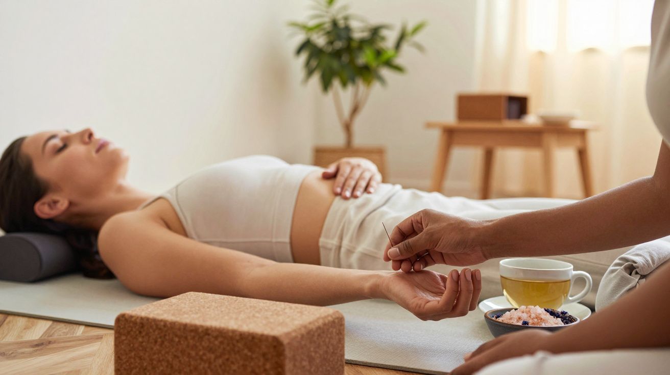 Mulher deitada numa sessão de acupuntura, com chá e minerais ao lado, ambiente calmo e iluminado.