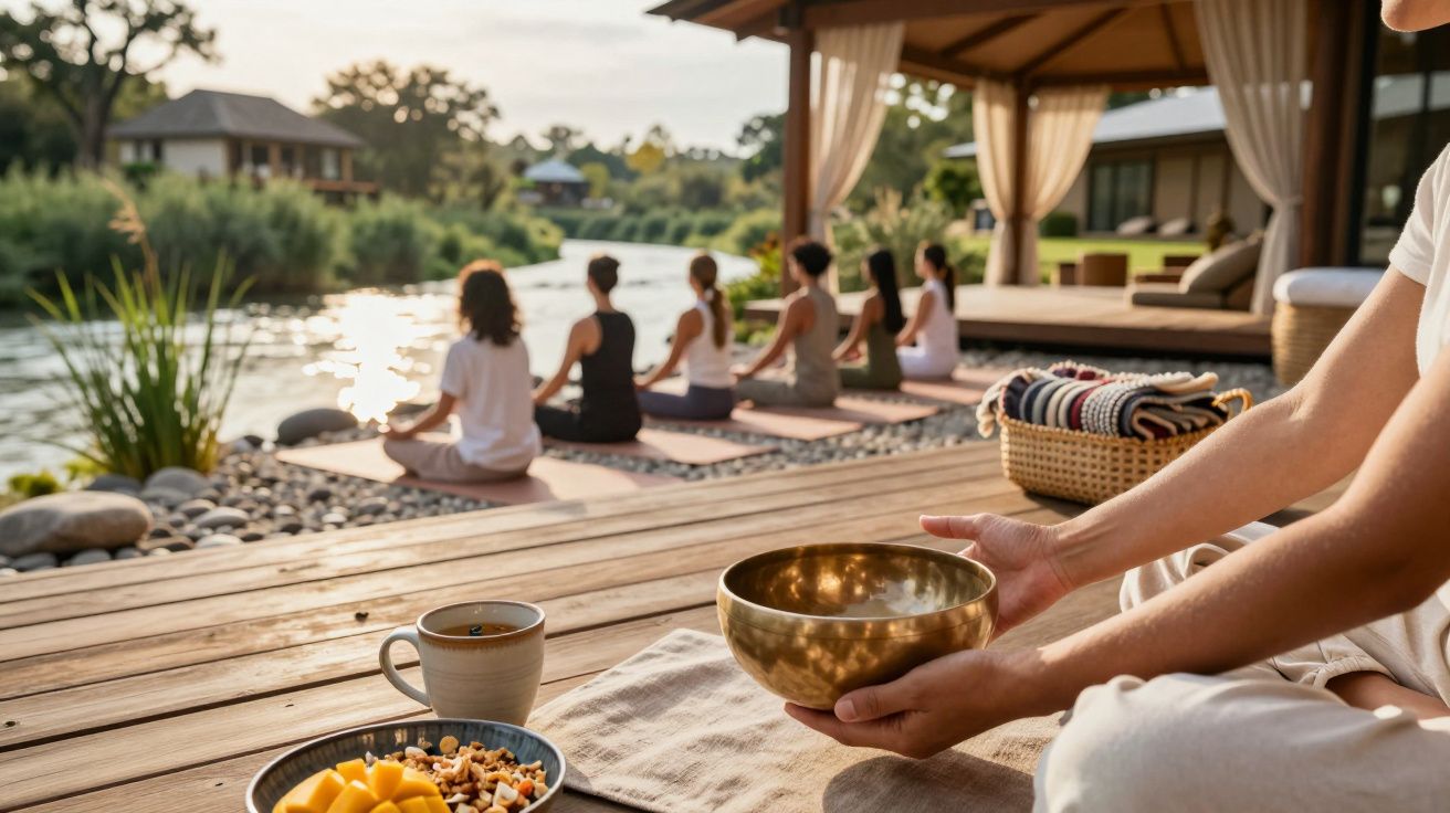Pessoas praticando meditação à beira de um rio, com uma tigela dourada e um prato de frutas em primeiro plano.