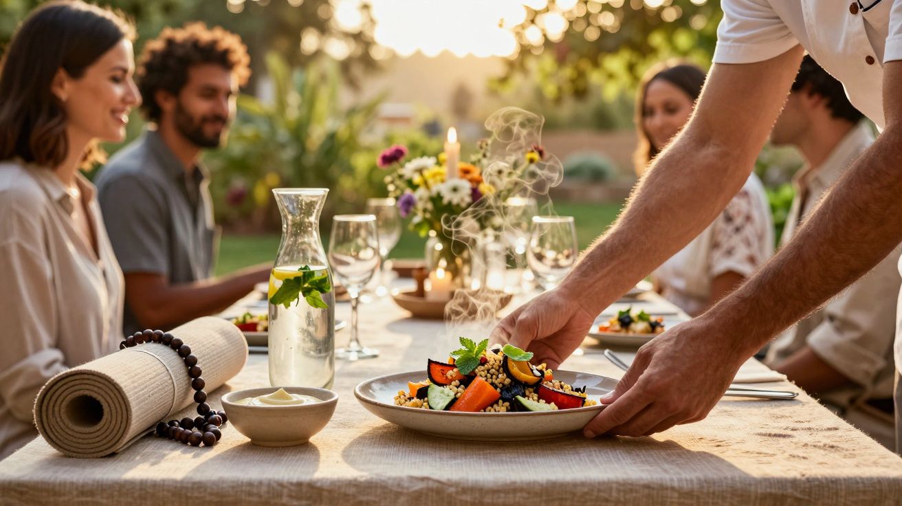Pessoa serve prato de comida a vapor numa mesa ao ar livre, decorada com flores e garrafa de água, rodeada por pessoas.