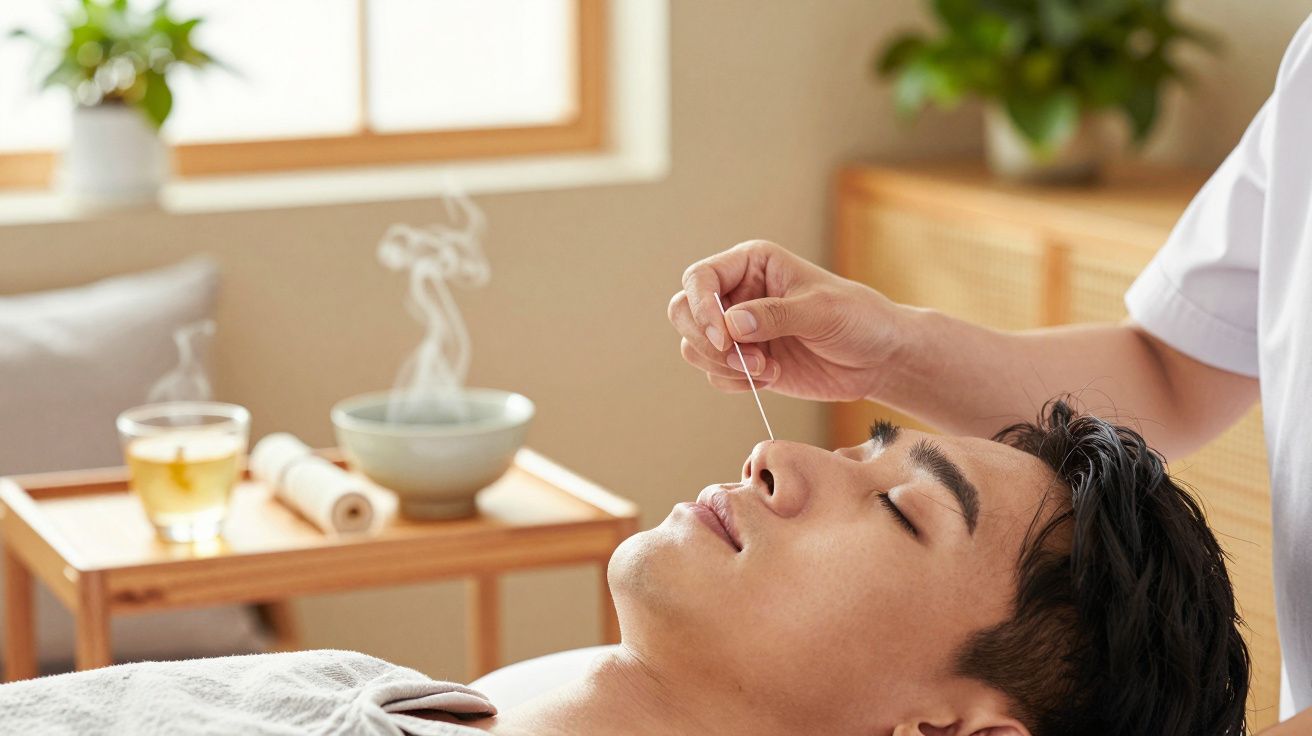 Homem a receber acupuntura no rosto em ambiente relaxante com chá e planta ao fundo.
