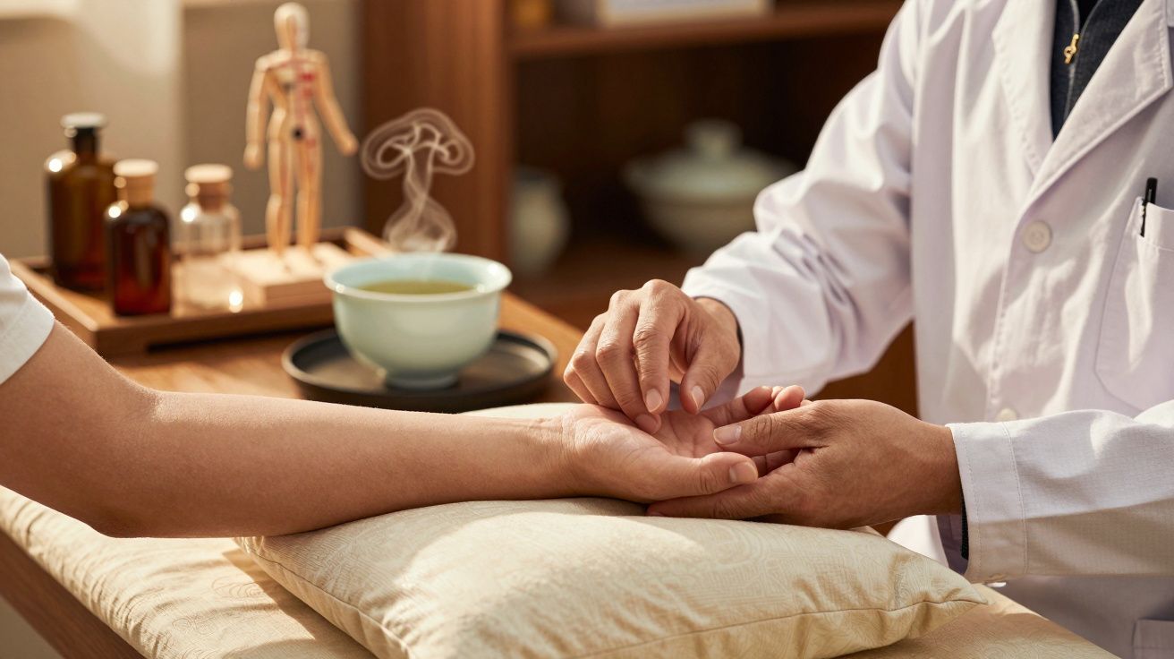 Pessoa em consulta de medicina tradicional, enquanto o médico verifica o pulso. Utensílios ao fundo.